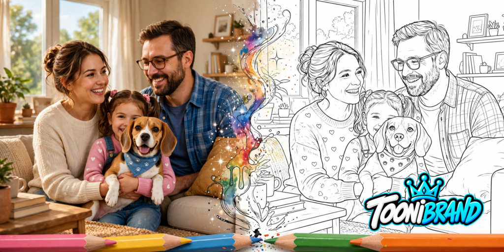 A smiling family and their dog in a color photo on the left, transformed into a black-and-white coloring page on the right, with colored pencils below
