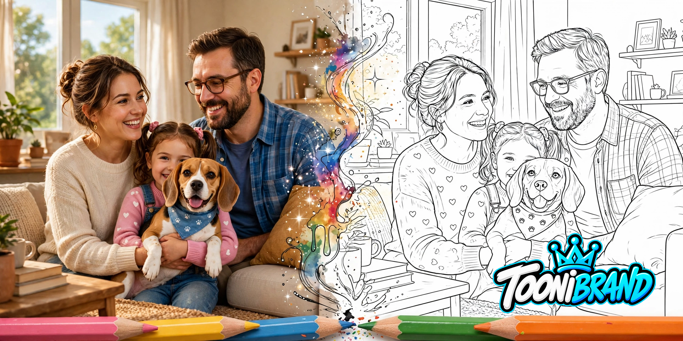 A smiling family and their dog in a color photo on the left, transformed into a black-and-white coloring page on the right, with colored pencils below