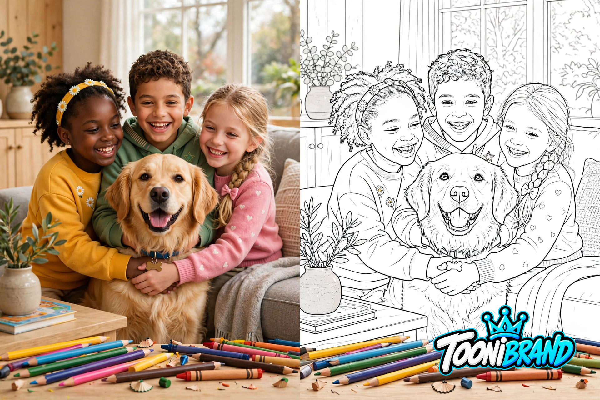 Diverse children hugging their happy golden retriever in a color photo on the left, transformed into a black-and-white coloring page of the same dog on the right, with crayons and colored pencils below