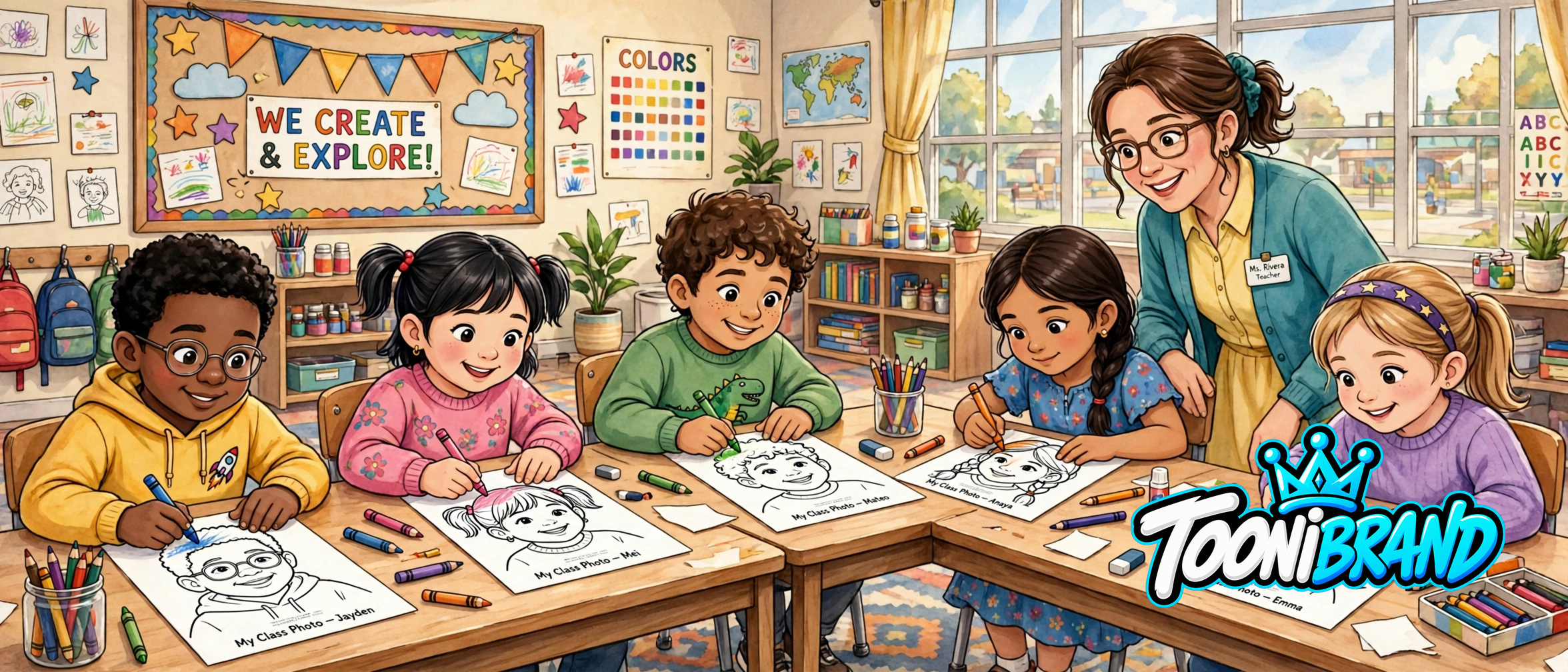 Diverse elementary school children at classroom tables happily coloring personalized coloring pages made from their own class photo, with their teacher smiling beside them and crayons and colored pencils on the tables