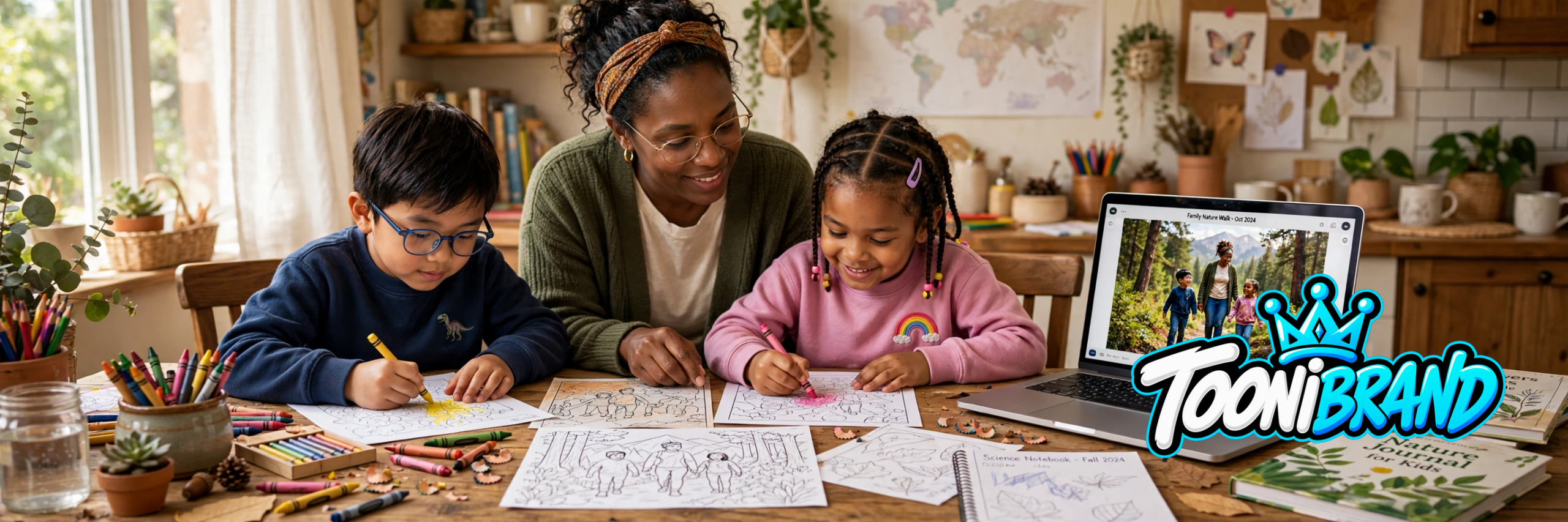 Diverse homeschool family at a kitchen table, a parent guiding two children coloring personalized coloring pages made from their own family nature walk photo, with crayons, books, and a laptop showing the original photo